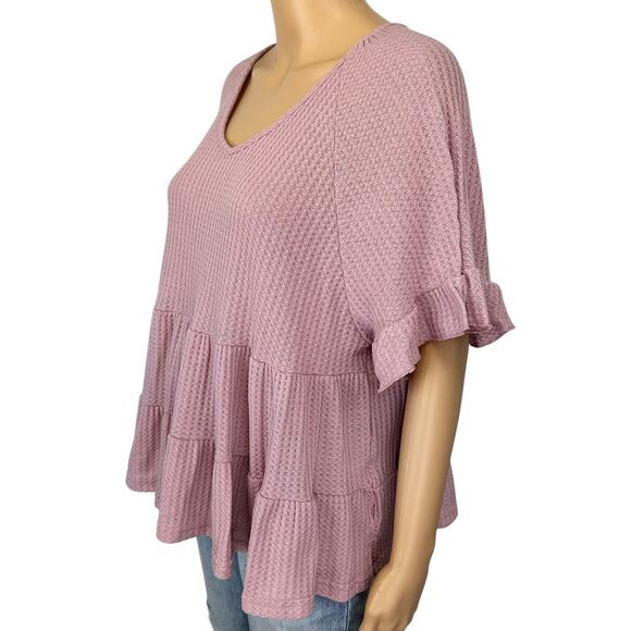 2/$15 Simply Southern Ruffle Tier Waffle Knit Top Pink Short Sleeve Size L - Picture 4 of 8